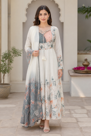 Ivory & Blue Floral Printed Anarkali Suit Set with Dupatta