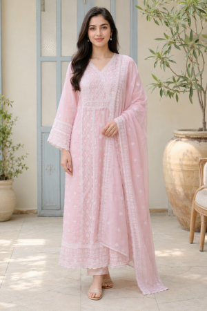 Blush Pink Embroidered Anarkali Kurta Set with Dupatta