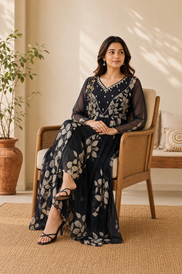 Midnight Black Floral Printed Anarkali Kurta Set. - Image 3