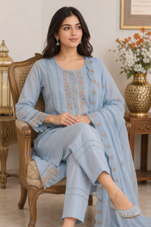 Powder Blue Floral Embroidered Straight Kurta Set with Dupatta.