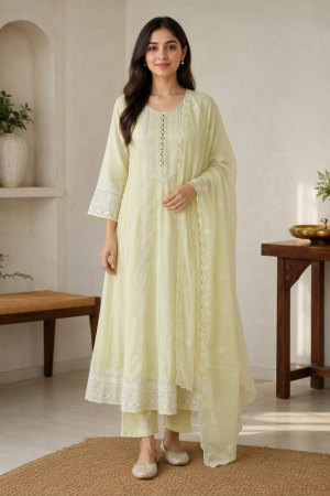 Pastel Lime Embroidered Kurta Set with Sheer Dupatta