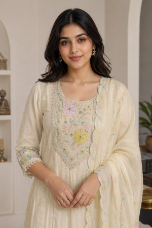 Ivory Floral Elegance Embroidered Anarkali Suit Set.