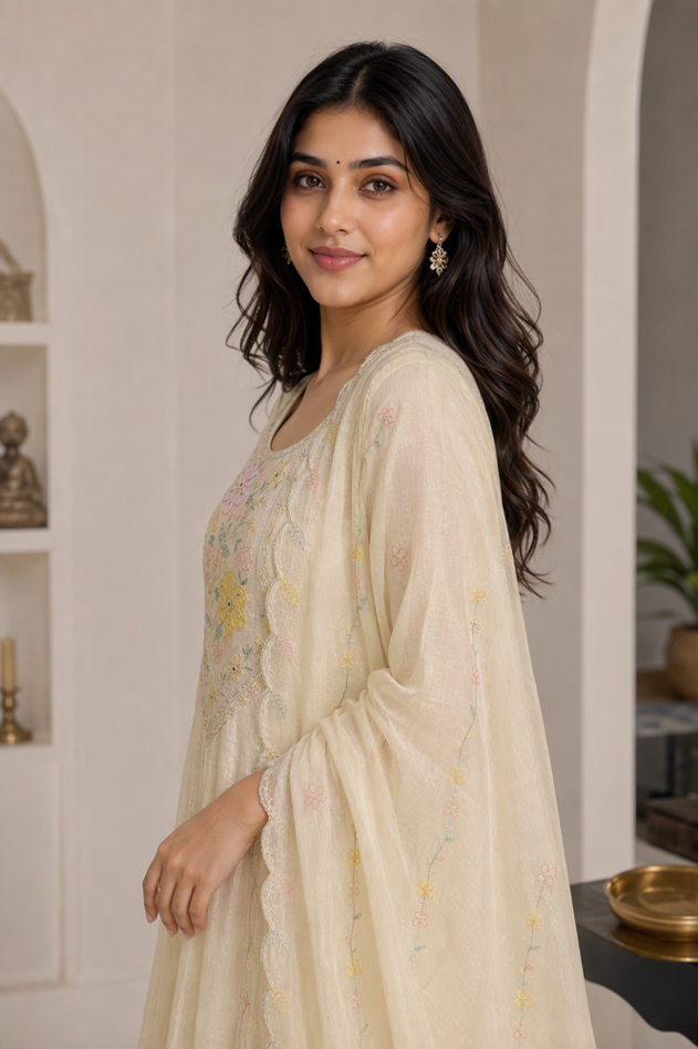 Ivory Floral Elegance Embroidered Anarkali Suit Set. - Image 3