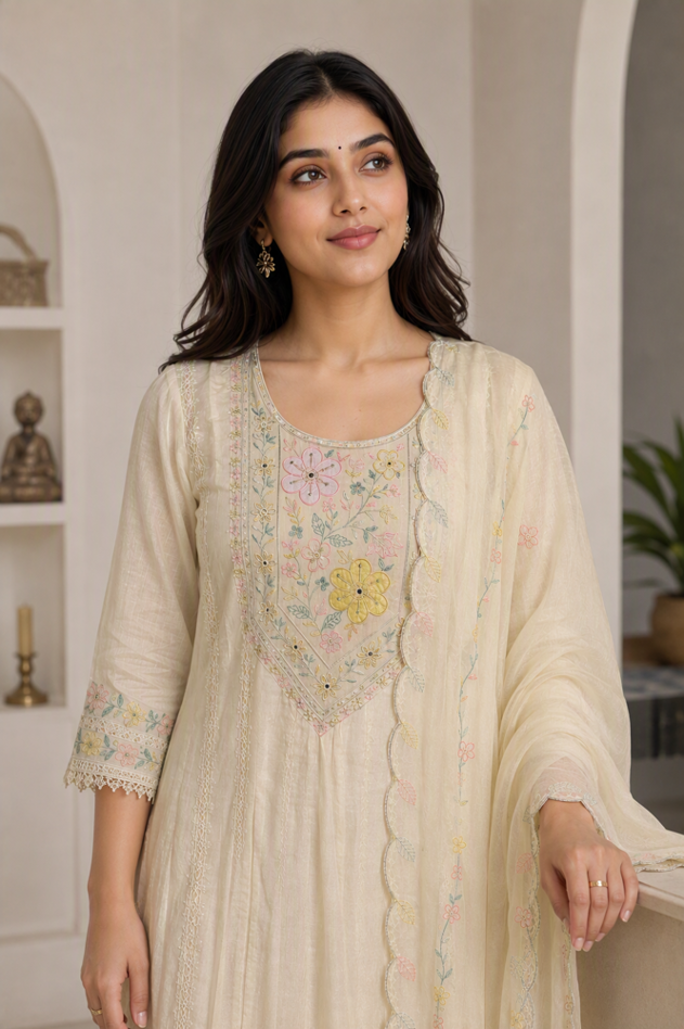 Ivory Floral Elegance Embroidered Anarkali Suit Set. - Image 4