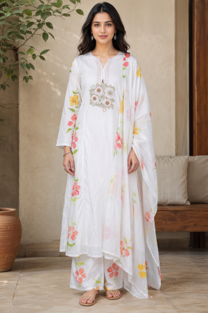 Ivory Floral Printed Straight Kurta Set with Dupatta.