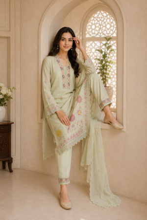 Pastel Green Floral Embroidered Straight Kurta Set with Dupatta.