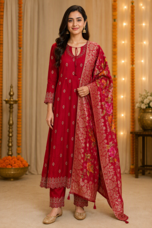 Ruby Red Floral Printed Anarkali Kurta Set with Dupatta.