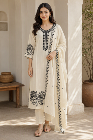 Ivory Black Floral Embroidered Straight Kurta Set with Dupatta.
