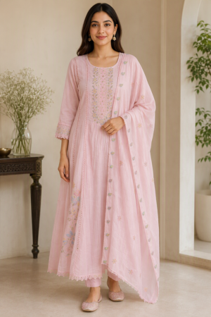 Blush Pink Floral Embroidered Anarkali Kurta Set with Dupatta.