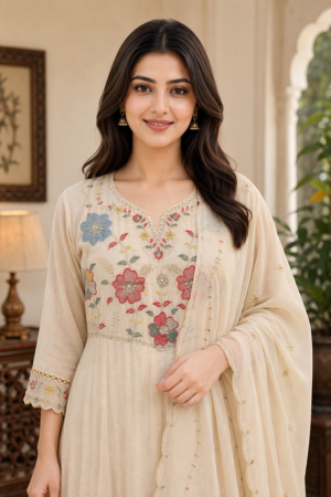 Ivory Floral Embroidered Anarkali Kurta Set with Dupatta.