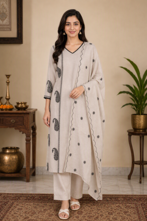Ivory Paisley Printed Straight Kurta Set with Dupatta.