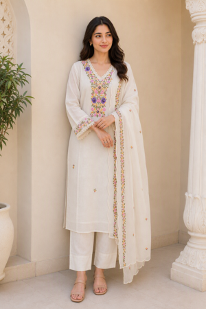 Ivory Floral Embroidered Straight Kurta Set with Scalloped Dupatta.