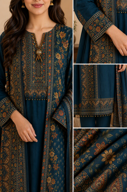Teal Blue Floral Printed Straight Kurta Set with Dupatta. - Image 2