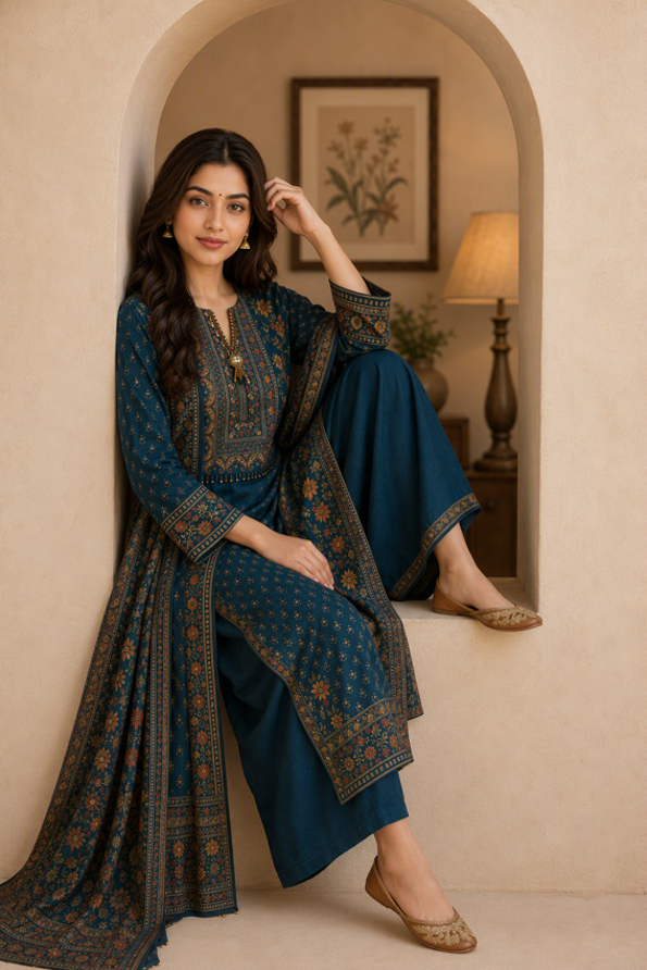 Teal Blue Floral Printed Straight Kurta Set with Dupatta. - Image 4
