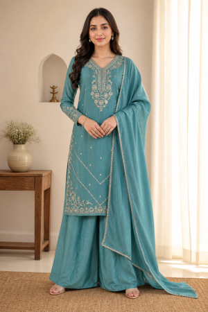 Teal Blue Embroidered Palazzo Kurta Set with Dupatta