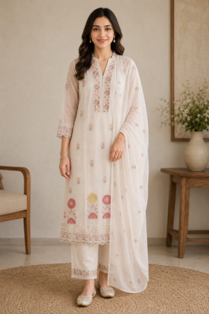 Ivory Floral Embroidered Straight Kurta Set with Dupatta.