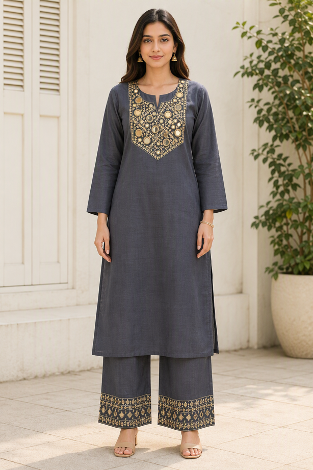 Charcoal Grey Printed Kurta Palazzo Set