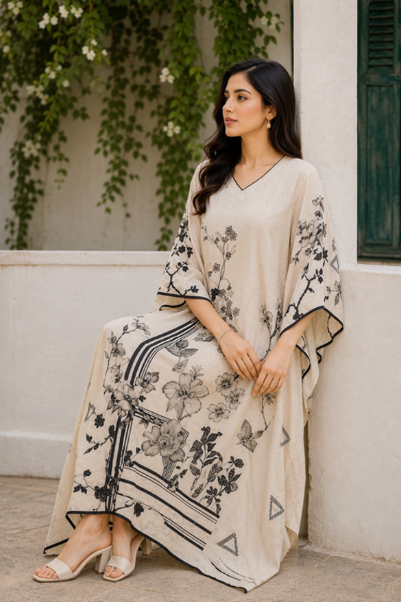 Ivory Botanical Print Kaftan Dress