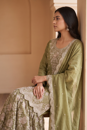 Olive Aafiya Embroidered Gharara Set
