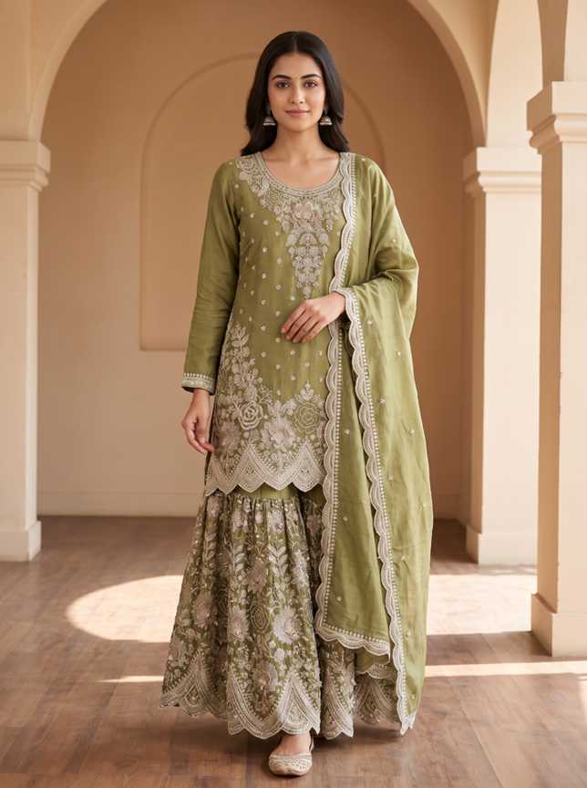 Olive Aafiya Embroidered Gharara Set - Image 2