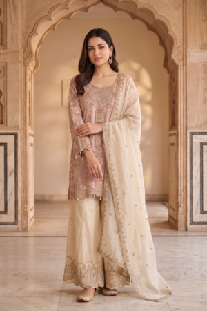 Ivory Rose Gold Gota Embroidered Anarkali Set