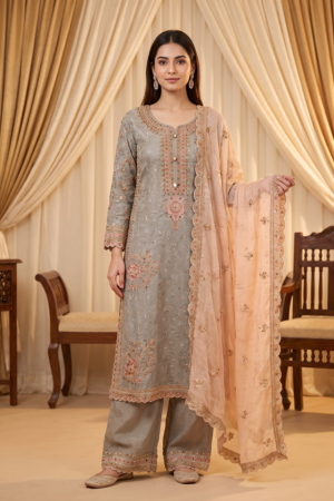 Silver Peach Aafreen Embroidered Beats Palazzo Set