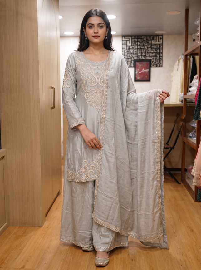 Silver Mist Noor Embroidered Beats Work Palazzo Set