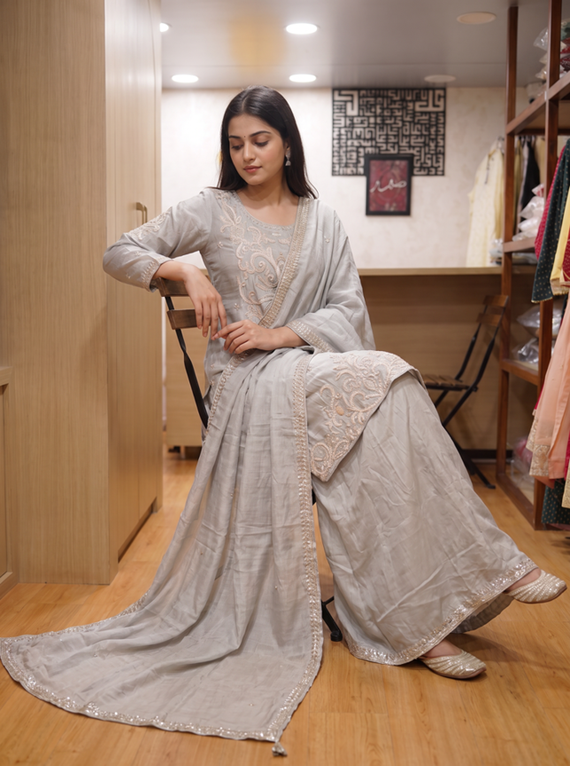 Silver Mist Noor Embroidered Beats Work Palazzo Set - Image 5