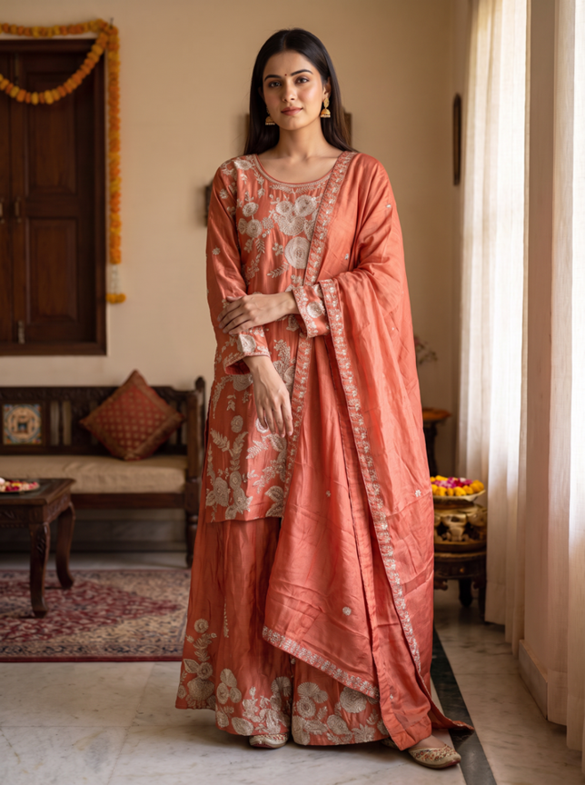 Coral Rose Gota Embroidered Palazzo Suit - Image 2