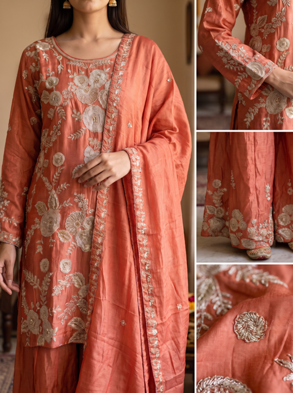 Coral Rose Gota Embroidered Palazzo Suit - Image 3