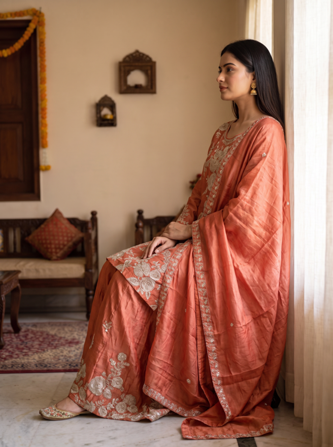 Coral Rose Gota Embroidered Palazzo Suit - Image 4