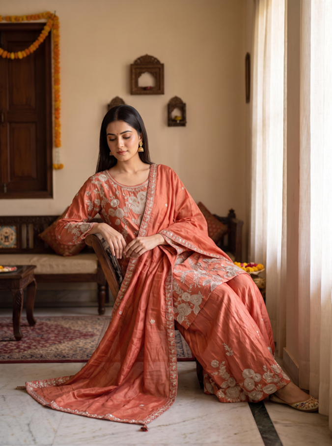 Coral Rose Gota Embroidered Palazzo Suit - Image 5