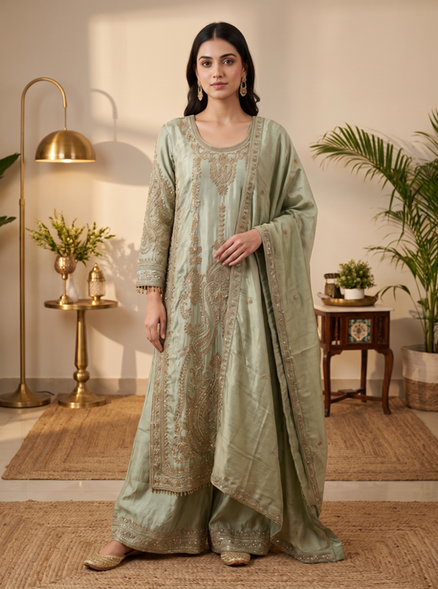 Sage Noor Zari Embroidered Palazzo Set