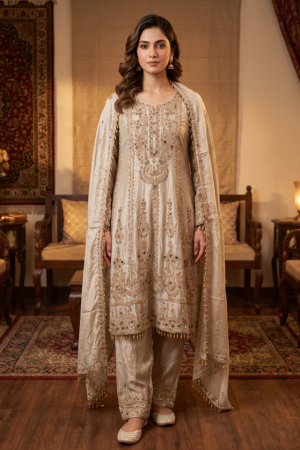 Ivory Pearl Gota Embroidered Anarkali Set