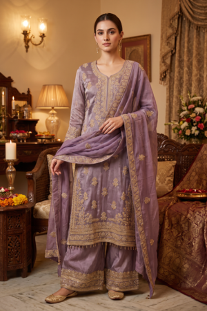 Lavender Lilac Gota Embroidered Kurta Palazzo Set