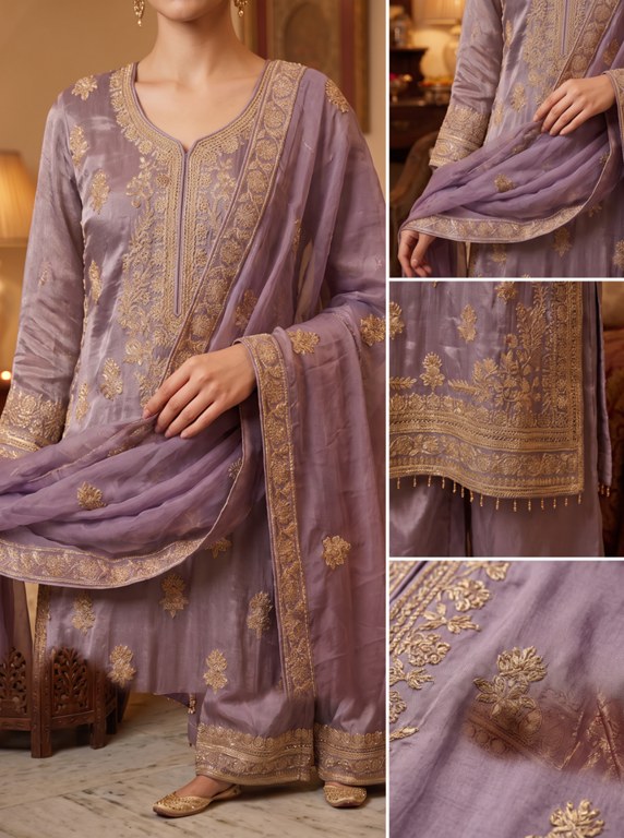 Lavender Lilac Gota Embroidered Kurta Palazzo Set - Image 5