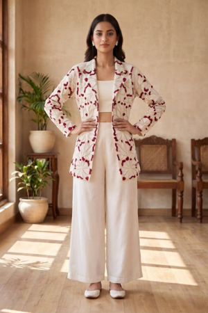 Ivory Ruby Beets Floral Work Jacket Indo Western Set