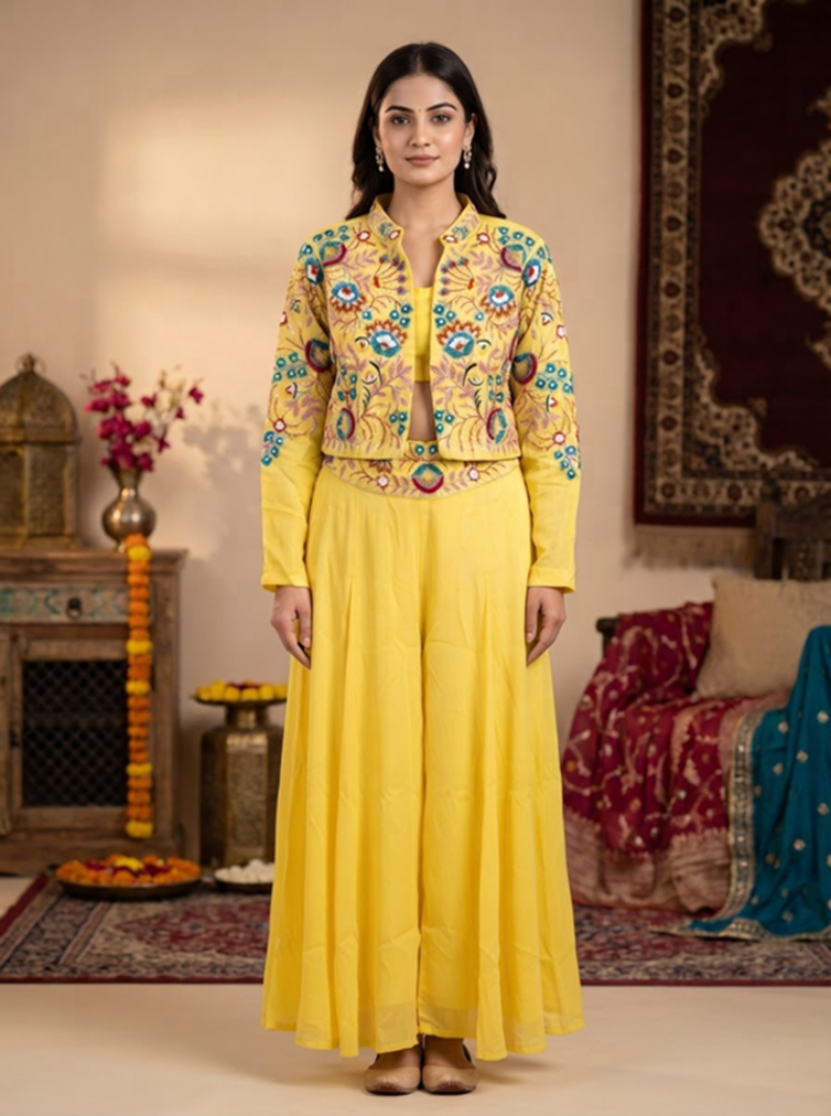 LIme Green Gulbhar Embroidered Jacket Indo Western Set - Image 2