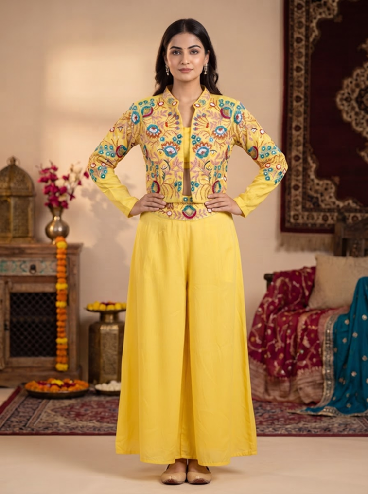 LIme Green Gulbhar Embroidered Jacket Indo Western Set - Image 4