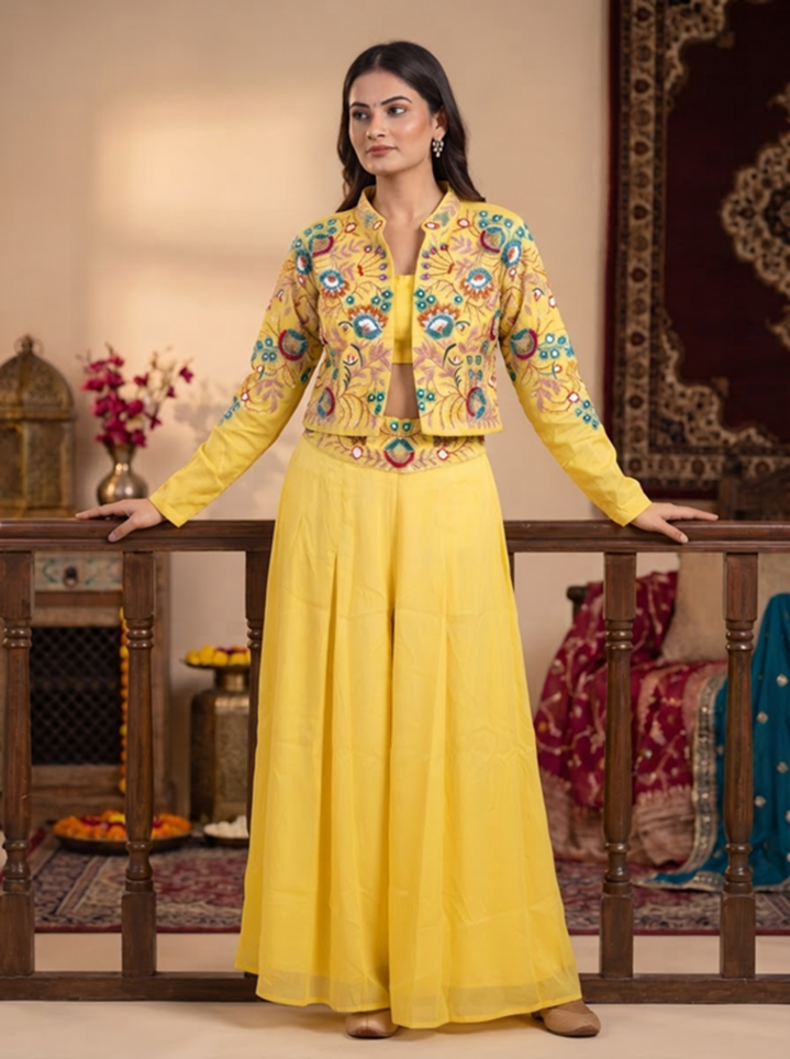 LIme Green Gulbhar Embroidered Jacket Indo Western Set - Image 5