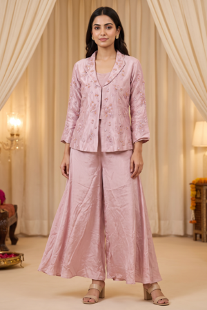 Blush Rose Pink Embroidered With Beats Work Jacket Indo Western Set