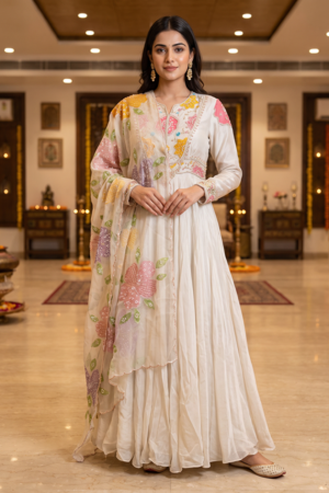 Ivory Gulrukh Floral Embroidered Anarkali Set