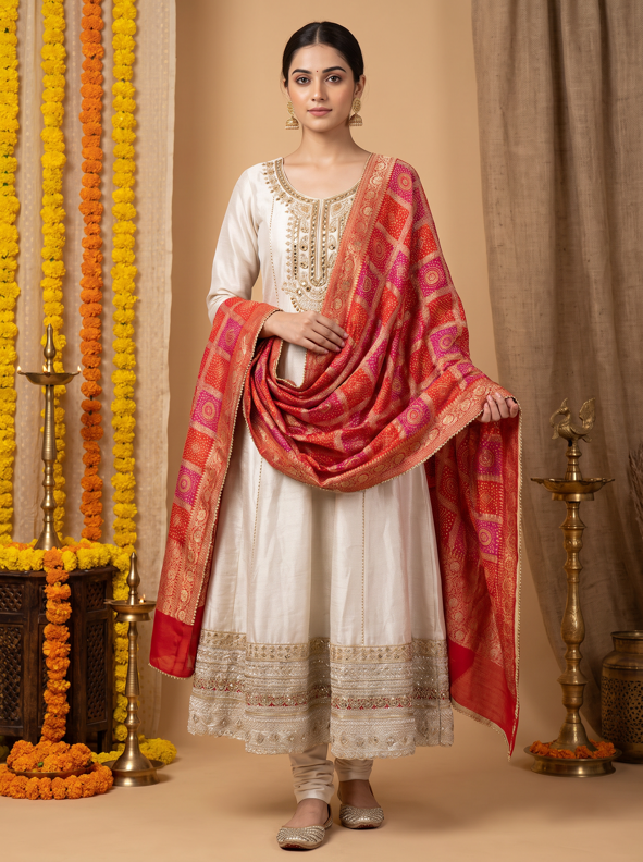 Ivory Gold Toned Embroidery with Banarasi Dupatta Anarkali Set - Image 2