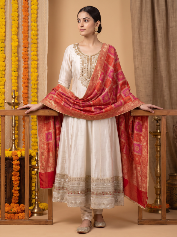 Ivory Gold Toned Embroidery with Banarasi Dupatta Anarkali Set - Image 4